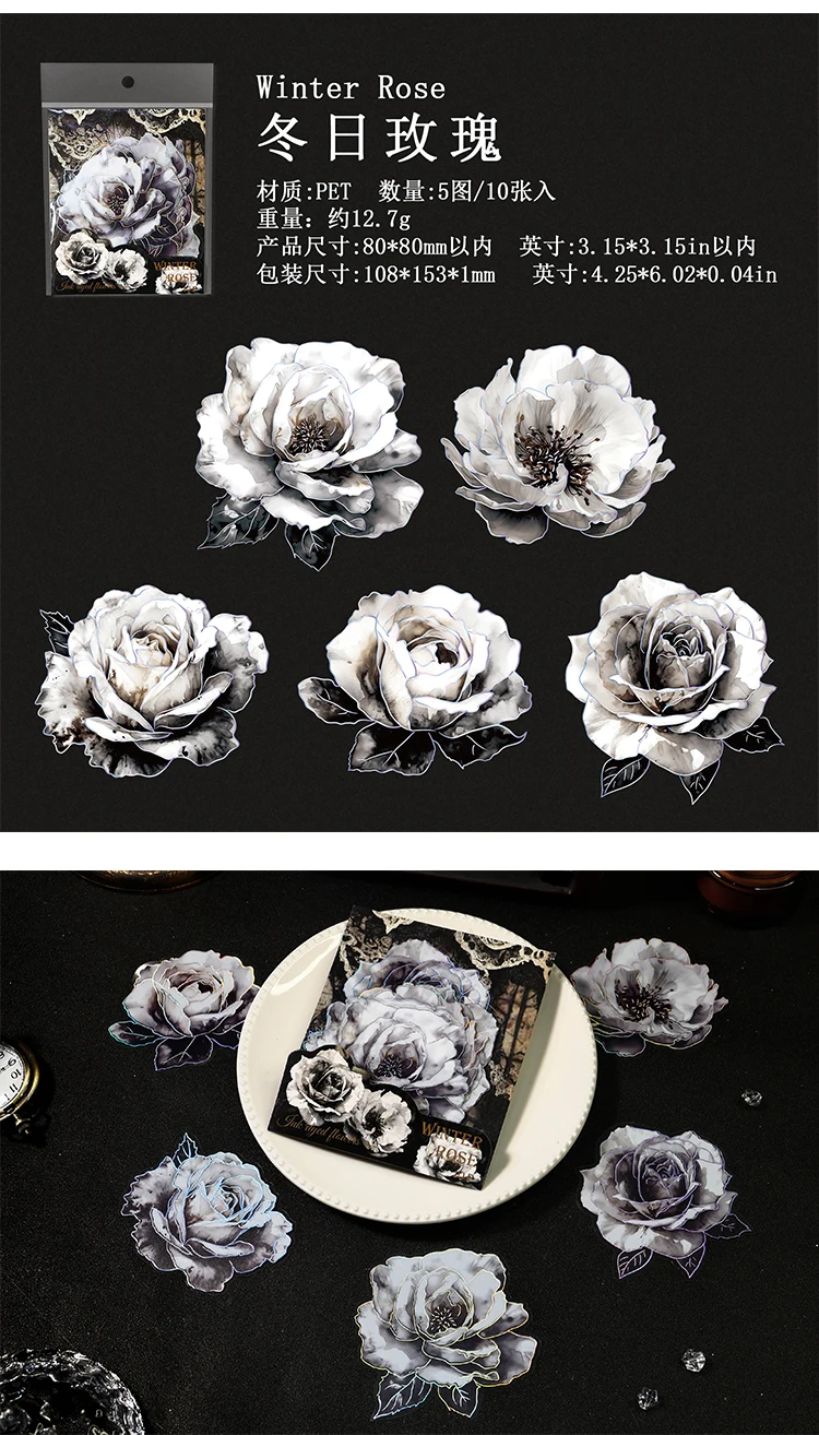TIANZI 10pcs/pack Ink Dyed Flowers PET Stickers DIY Scrapbooking Materials Vintage Decorative Junk Journal Sticker Stationery