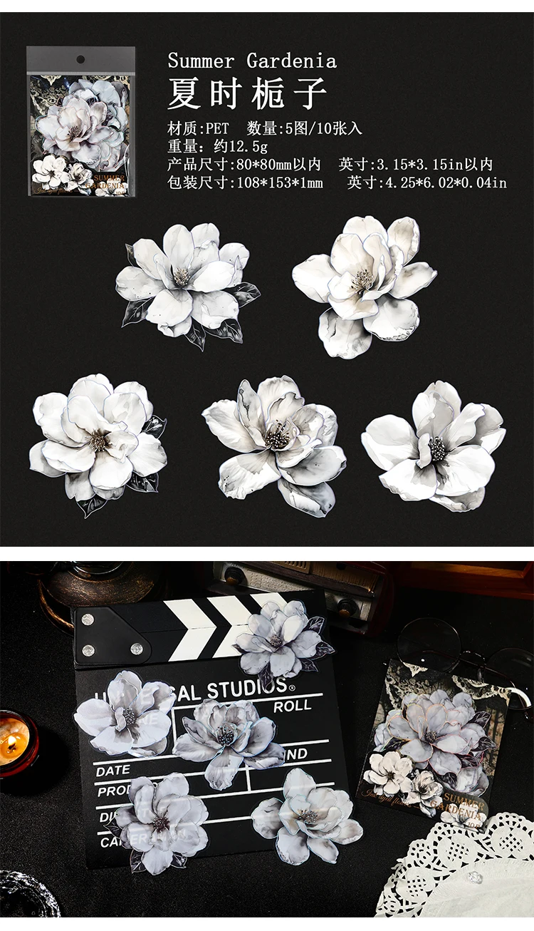 TIANZI 10pcs/pack Ink Dyed Flowers PET Stickers DIY Scrapbooking Materials Vintage Decorative Junk Journal Sticker Stationery