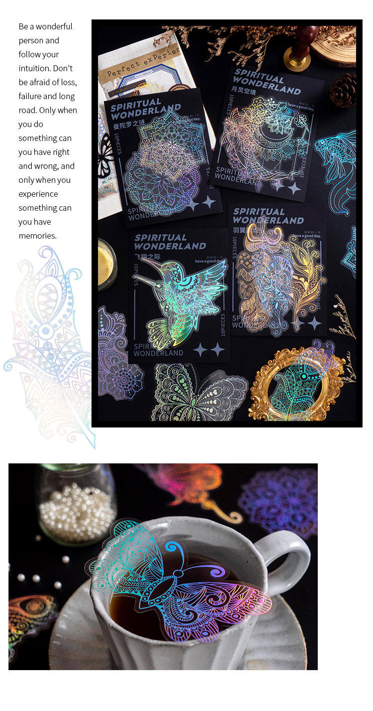 10Pcs/Bag Vintage Laser Animal Sticker Art Aesthetic Feather Hand Account Decoration Stationery Sticker 8 Styles