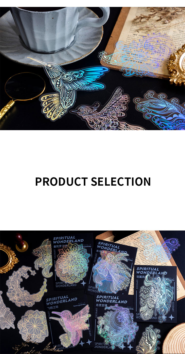 10Pcs/Bag Vintage Laser Animal Sticker Art Aesthetic Feather Hand Account Decoration Stationery Sticker 8 Styles