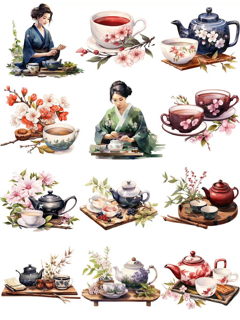 12Pcs/Pack Japanese Tea Art Sticker DIY Craft Scrapbooking Album Junk Journal Decorative Stickers