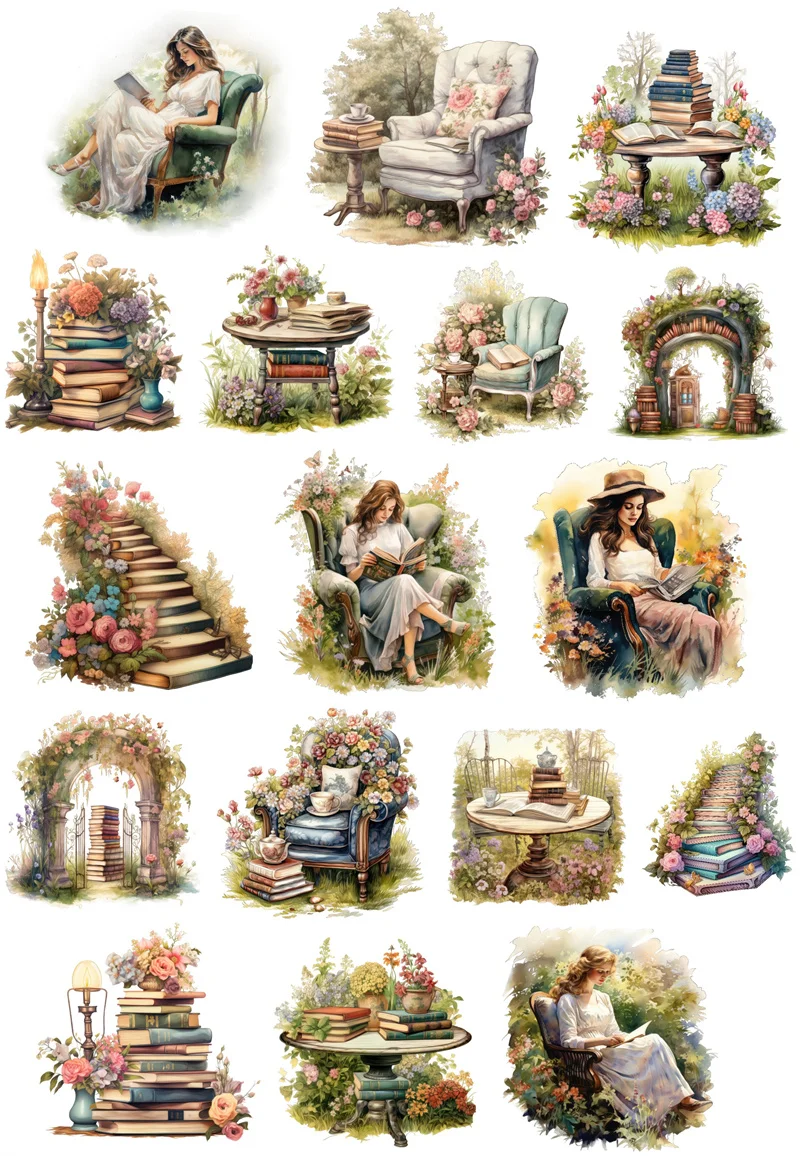Illustration Poster for A Girl Reading Watercolor Plants Hand Account Stickers Cute Crafts And Scrapbooking stickers planner