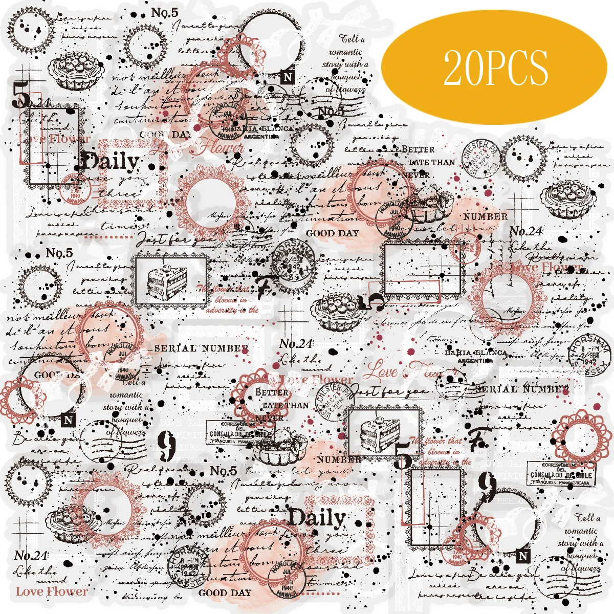 Etori Life Lace Trim 20Pcs Sweet Vintage Collage Stickers for a Relaxing Atmosphere, Suitable for Decorating Notebooks, Phone Stickers, Luggage, Photo Albums, Room Decor, Scrapbooking Supplies, DIY Crafts, Student Gift Bags, Artistic Parties, School Supplies, Children's Stationery Stickers