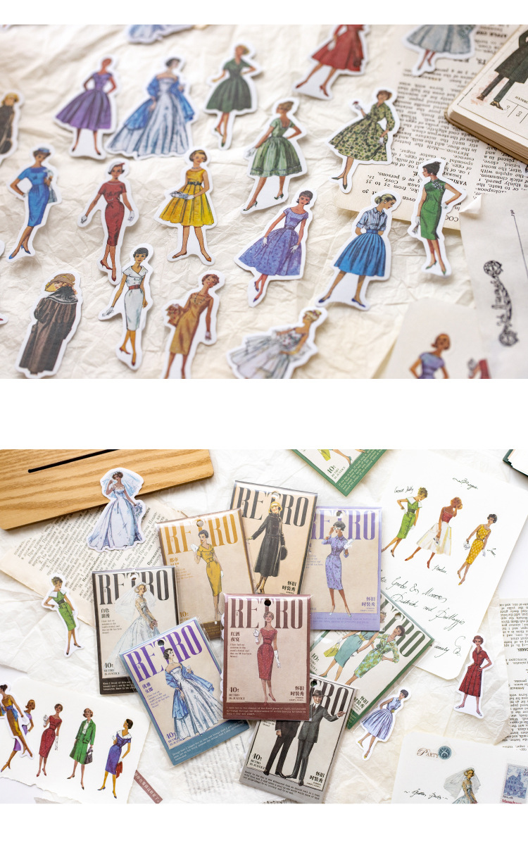 40pcs Kawaii Nostalgic Fashion Show Themed Stationery Stickers Set for Scrapbooking DIY Crafts And Mobile Decoration