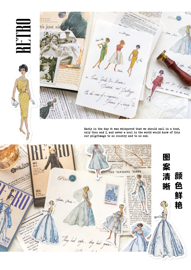 40pcs Kawaii Nostalgic Fashion Show Themed Stationery Stickers Set for Scrapbooking DIY Crafts And Mobile Decoration