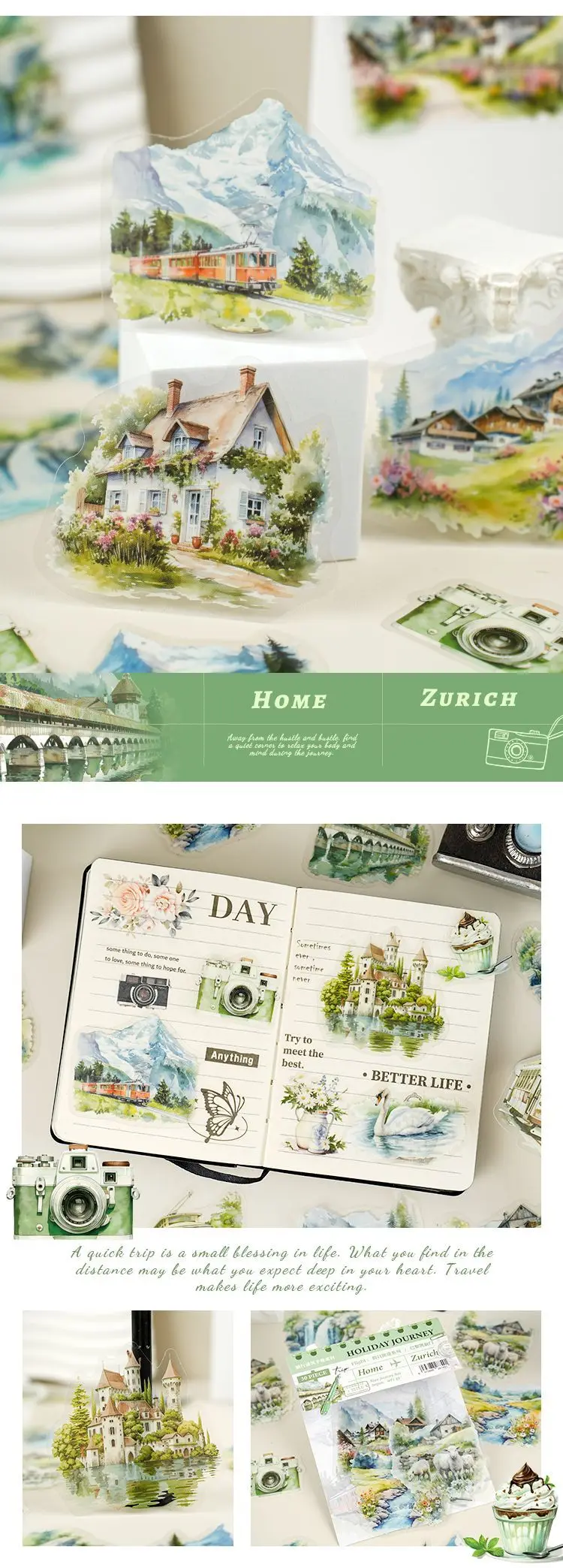 30pcs/pack Transparent Sticker Bag Holiday Trip London Paris Swiss Thai Maldives Landscape for Journaling Scrapbook Collages