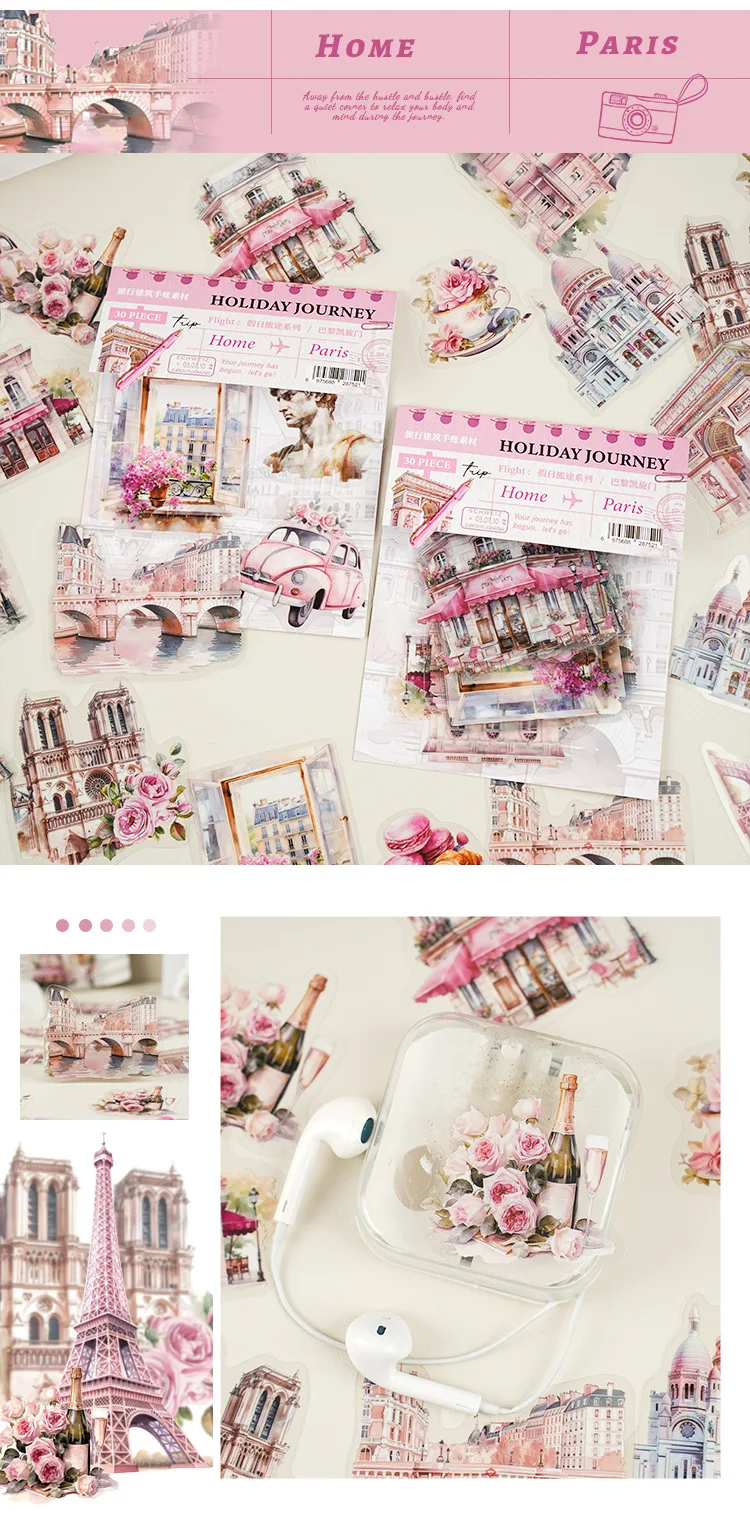 30pcs/pack Transparent Sticker Bag Holiday Trip London Paris Swiss Thai Maldives Landscape for Journaling Scrapbook Collages