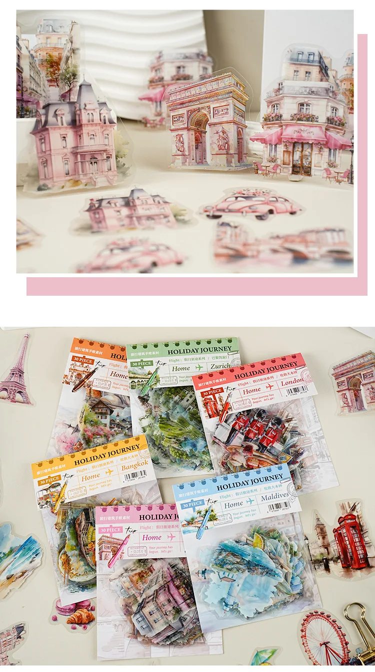 30pcs/pack Transparent Sticker Bag Holiday Trip London Paris Swiss Thai Maldives Landscape for Journaling Scrapbook Collages