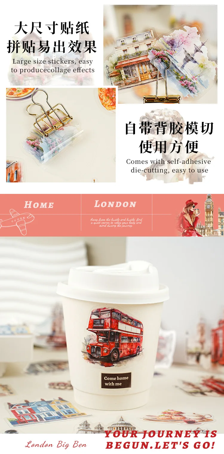 30pcs/pack Transparent Sticker Bag Holiday Trip London Paris Swiss Thai Maldives Landscape for Journaling Scrapbook Collages