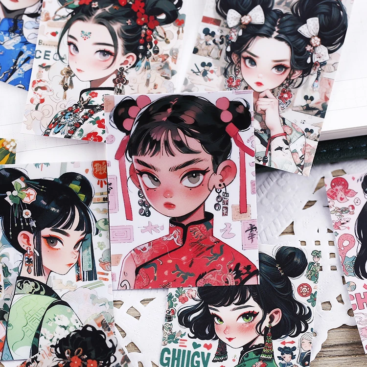 16pcs Stationery Stickers with Chinese Retro Girls  Waterproof Features Perfect for DIY Crafts, Journal Decoration  Scrapbooking