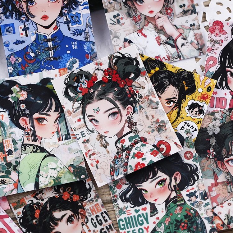 16pcs Stationery Stickers with Chinese Retro Girls  Waterproof Features Perfect for DIY Crafts, Journal Decoration  Scrapbooking