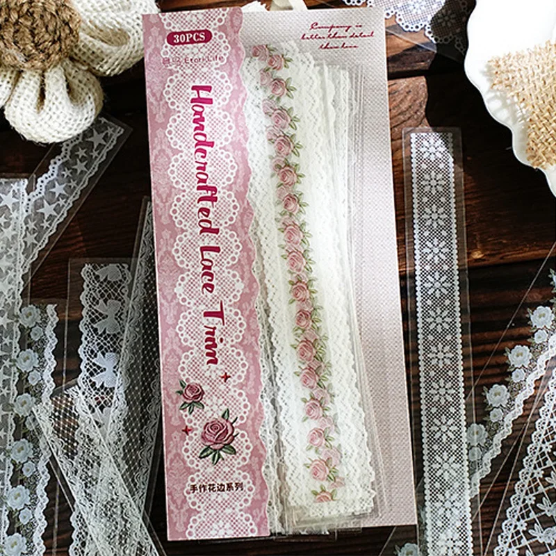 Mr.Paper 30Pcs/Pack Handcrafted Lace Trim Series Vintage Lace & Floral PET Sticker Pack for Journal Scrapbook DIY Decor