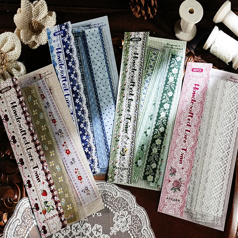 Mr.Paper 30Pcs/Pack Handcrafted Lace Trim Series Vintage Lace & Floral PET Sticker Pack for Journal Scrapbook DIY Decor