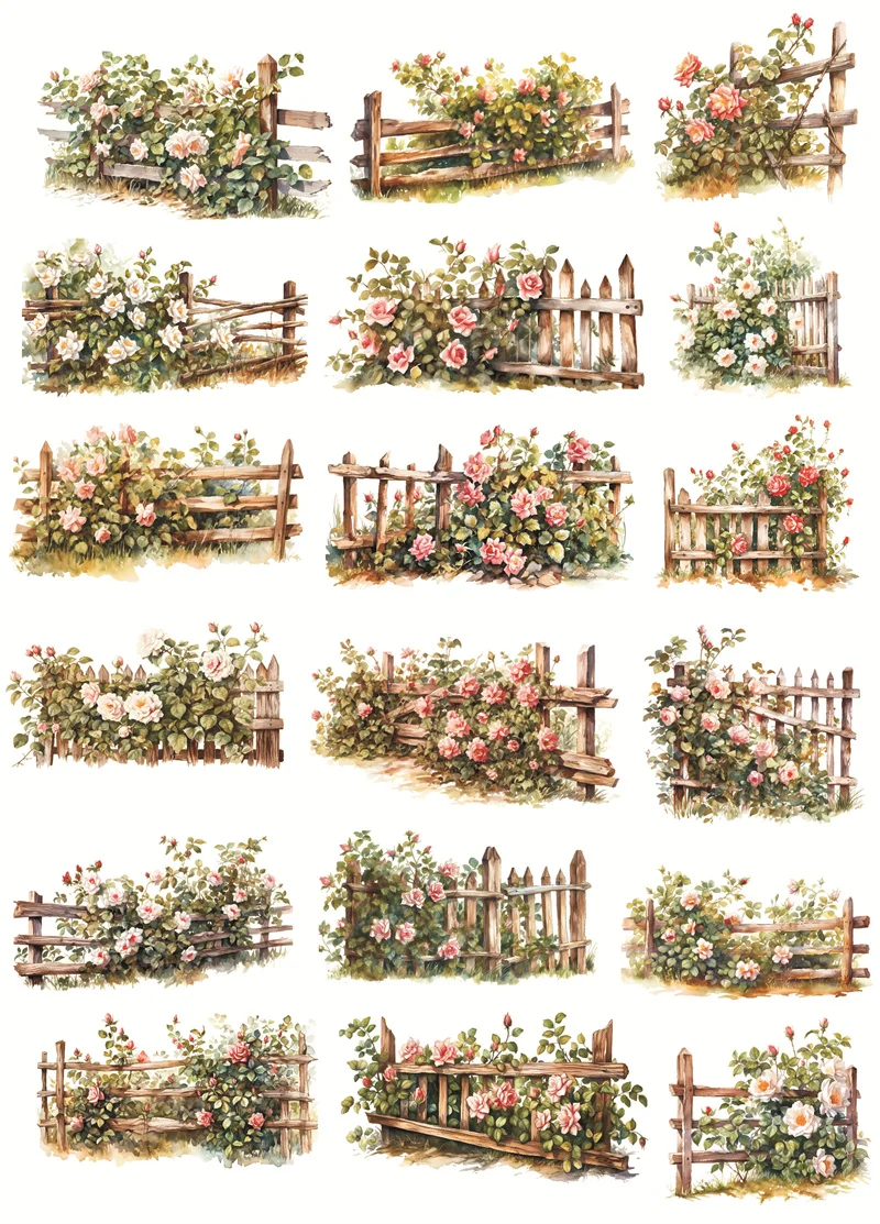 Stickers Watercolor Flower Garden Wooden Railing Fence Stickers DIY Diary Project Decoration Vintage Scrapbooking Stationary