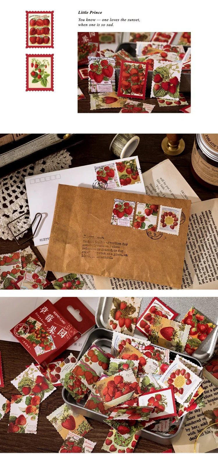 45Pcs Strawberry Themed Stickers Album Diary Labels Scrapbooking Materials DIY Journaling Stationery Cute Fruit Decorative Paper