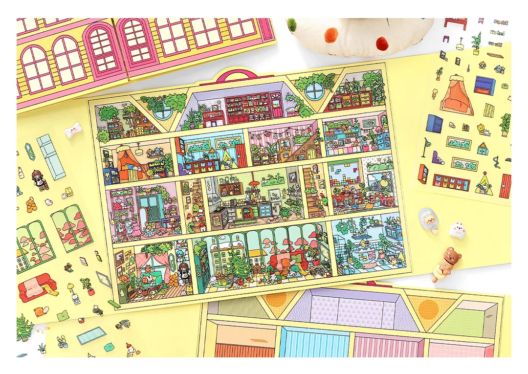Kawaii 3D Cartoon Doll Apartment Miniature Scene Stickers DIY Pocket House Stacking Game Stickers Children's Festival Gifts