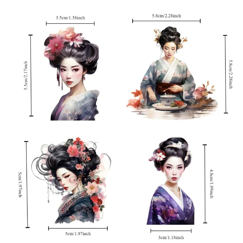 Cute Japanese Geisha and Kimono Girl in Watercolor Style Stationery Sticker Journal Decoration, Waterproof and Scrapbooking