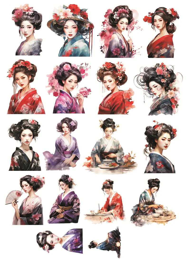 Cute Japanese Geisha and Kimono Girl in Watercolor Style Stationery Sticker Journal Decoration, Waterproof and Scrapbooking