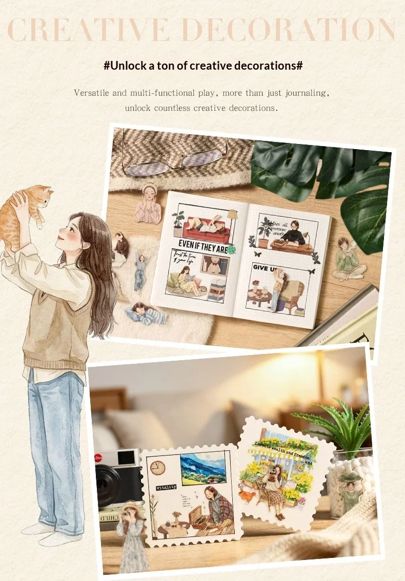 JIANWU Cute Girl Character Life Landscape Material Collage Scrapbooking PET Sticker Creative DIY Journal Stationery