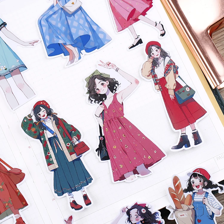 16PCS Cute Girl Cartoon Stickers for Journal Diary Scrapbook Mobile Phone Case Decoration Stationary Journal