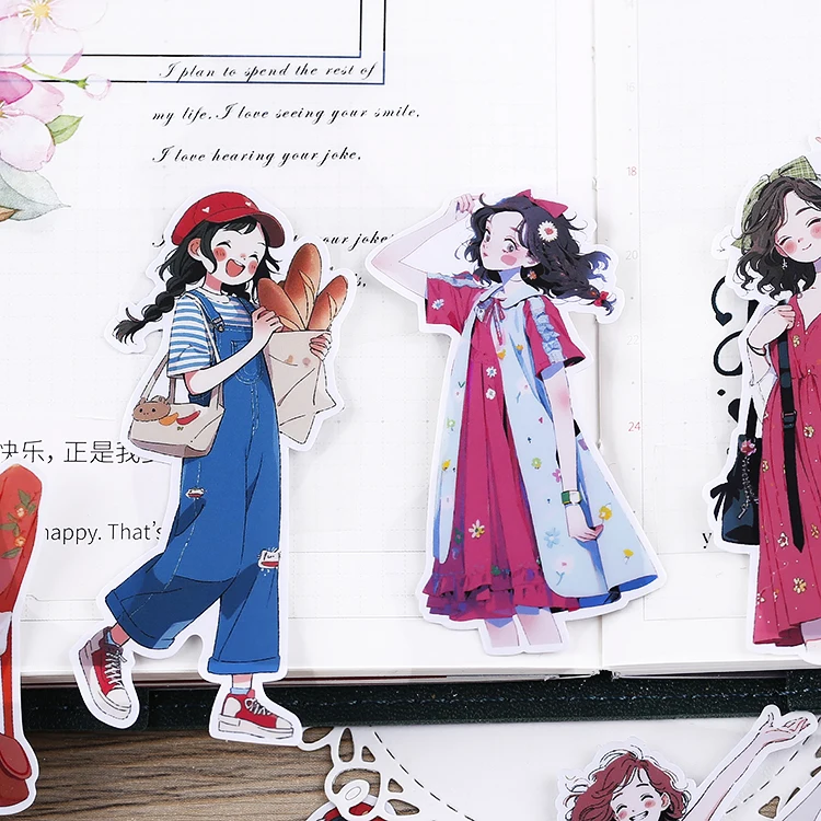 16PCS Cute Girl Cartoon Stickers for Journal Diary Scrapbook Mobile Phone Case Decoration Stationary Journal