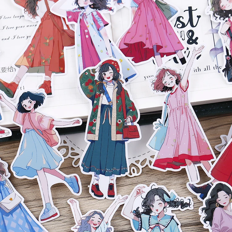 16PCS Cute Girl Cartoon Stickers for Journal Diary Scrapbook Mobile Phone Case Decoration Stationary Journal