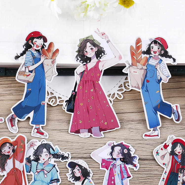 16PCS Cute Girl Cartoon Stickers for Journal Diary Scrapbook Mobile Phone Case Decoration Stationary Journal