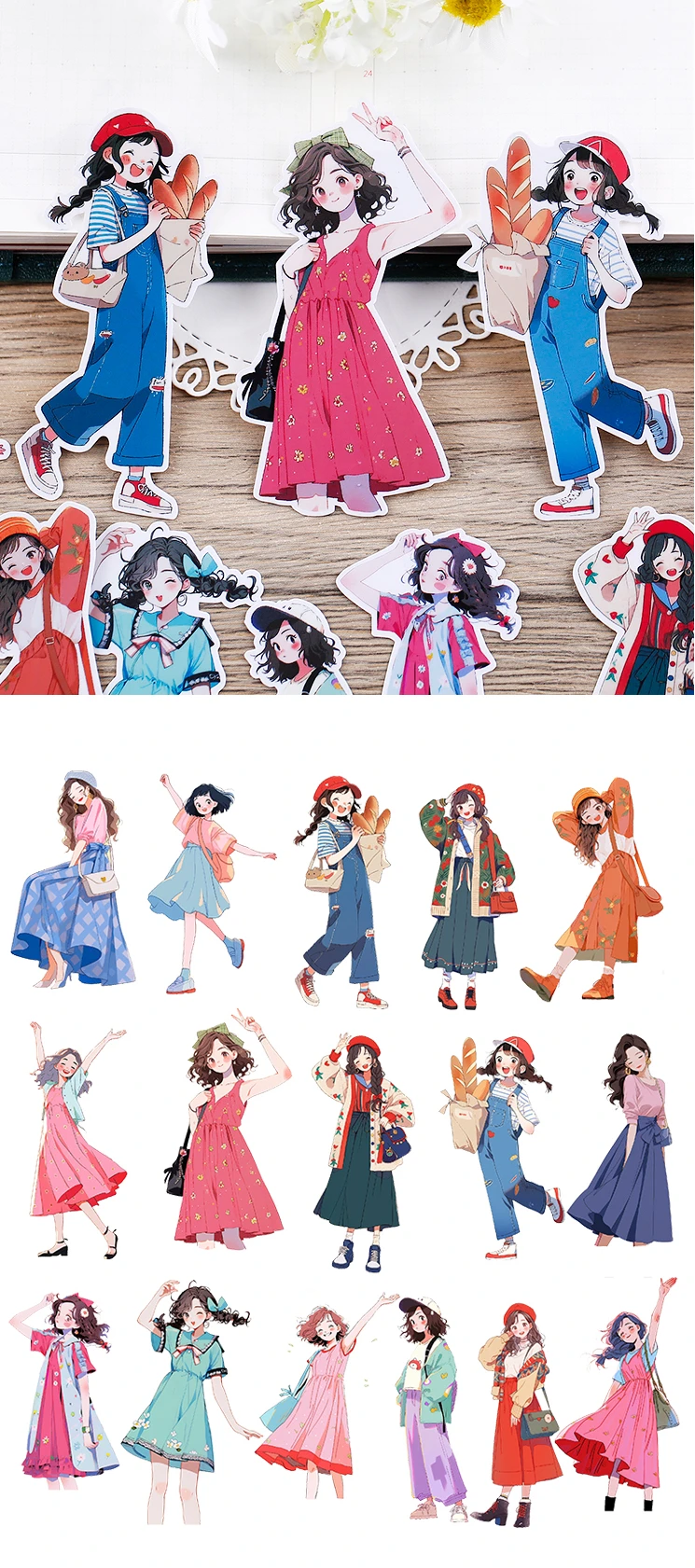 16PCS Cute Girl Cartoon Stickers for Journal Diary Scrapbook Mobile Phone Case Decoration Stationary Journal
