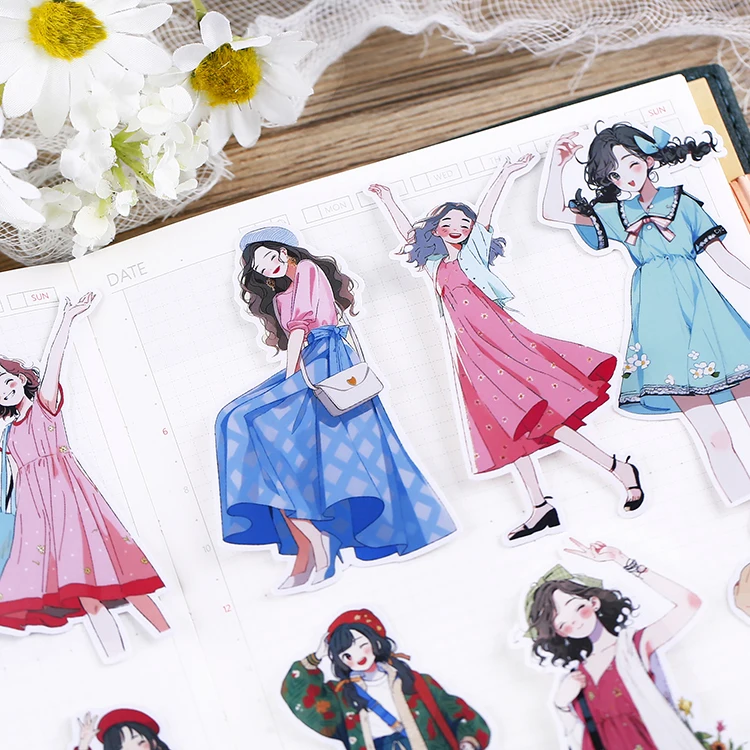 16PCS Cute Girl Cartoon Stickers for Journal Diary Scrapbook Mobile Phone Case Decoration Stationary Journal