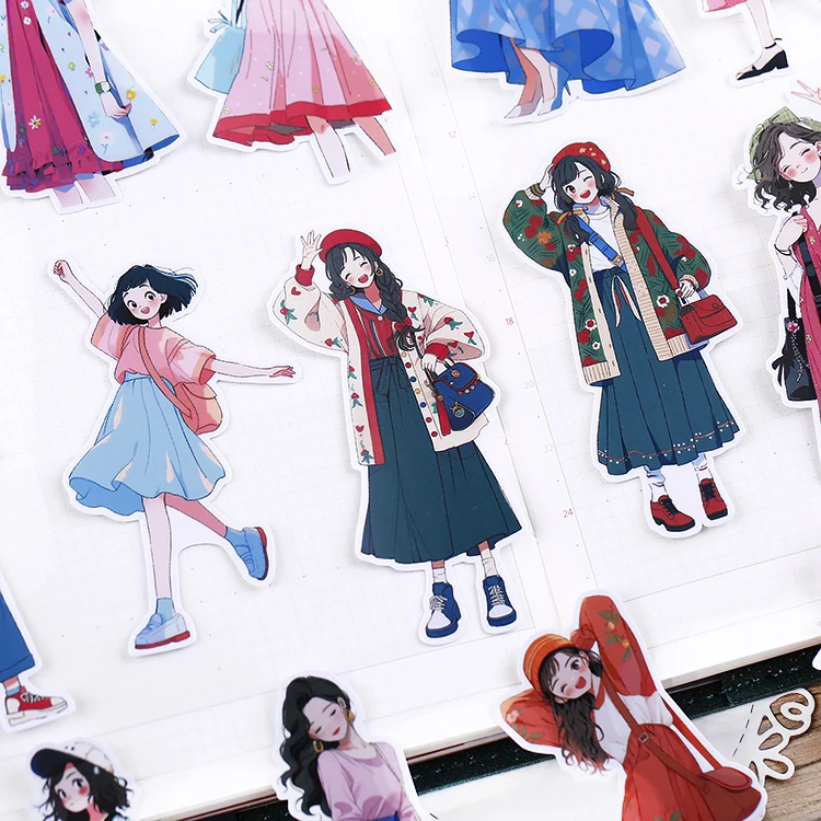 16PCS Cute Girl Cartoon Stickers for Journal Diary Scrapbook Mobile Phone Case Decoration Stationary Journal