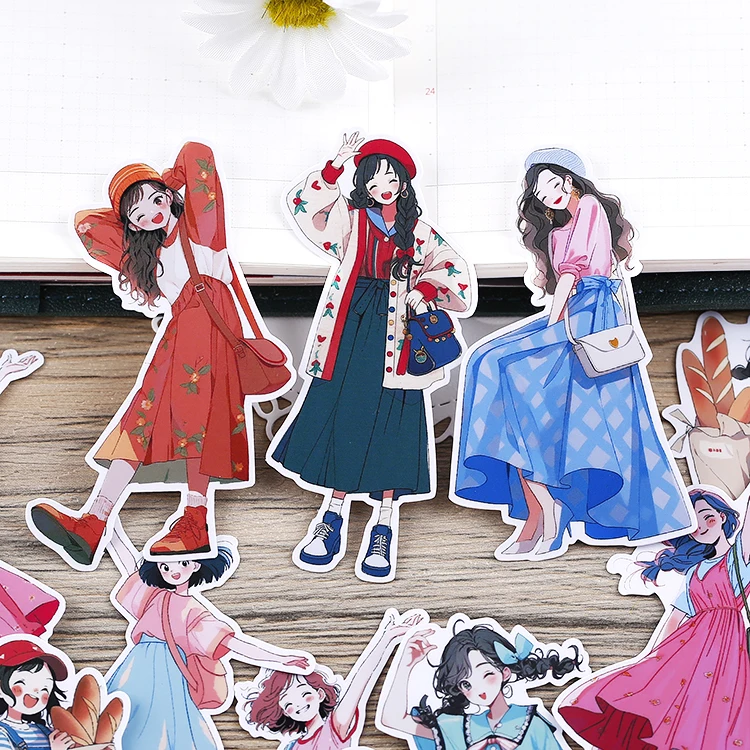 16PCS Cute Girl Cartoon Stickers for Journal Diary Scrapbook Mobile Phone Case Decoration Stationary Journal