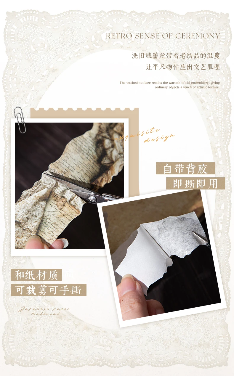 Journal GO 4x200cm Retro Lace Tape Stickers Burned Style Vintage Lace Masking Tape for Card Journaling Scrapbooking