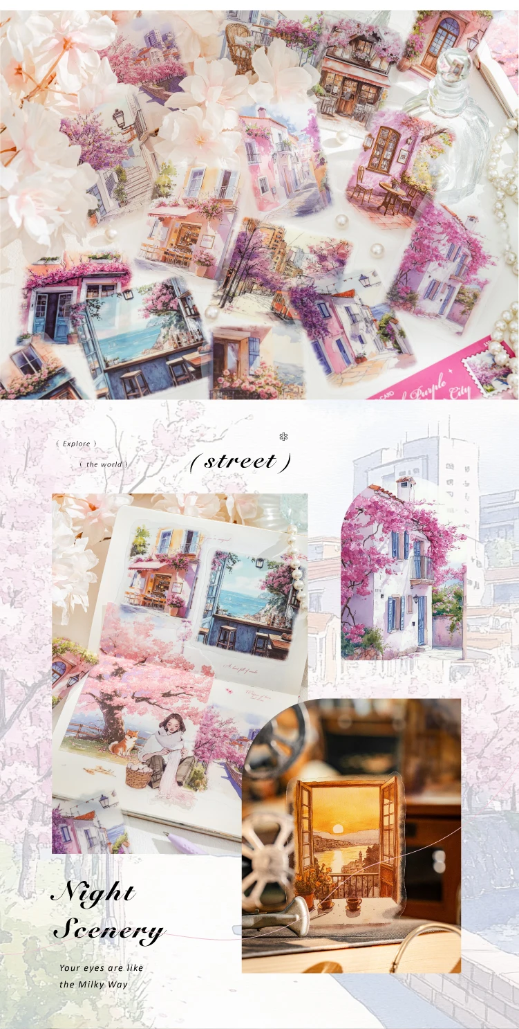 15pcs Large Size Non Repetitive Retro Street Landscape PET Stickers Creative Handbook Scrapbook DIY Material Stationery Stickers