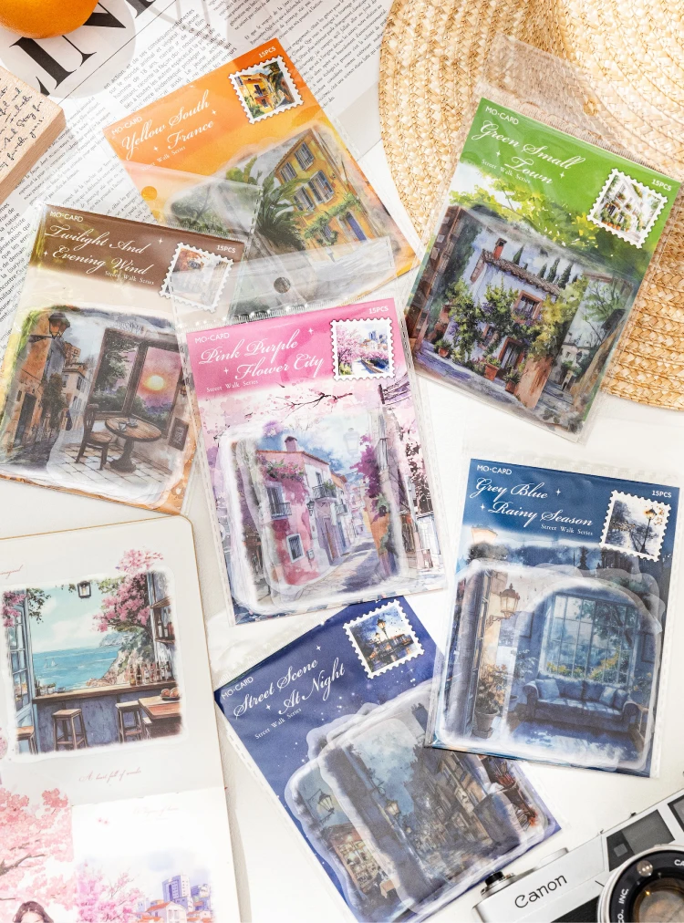 15pcs Large Size Non Repetitive Retro Street Landscape PET Stickers Creative Handbook Scrapbook DIY Material Stationery Stickers