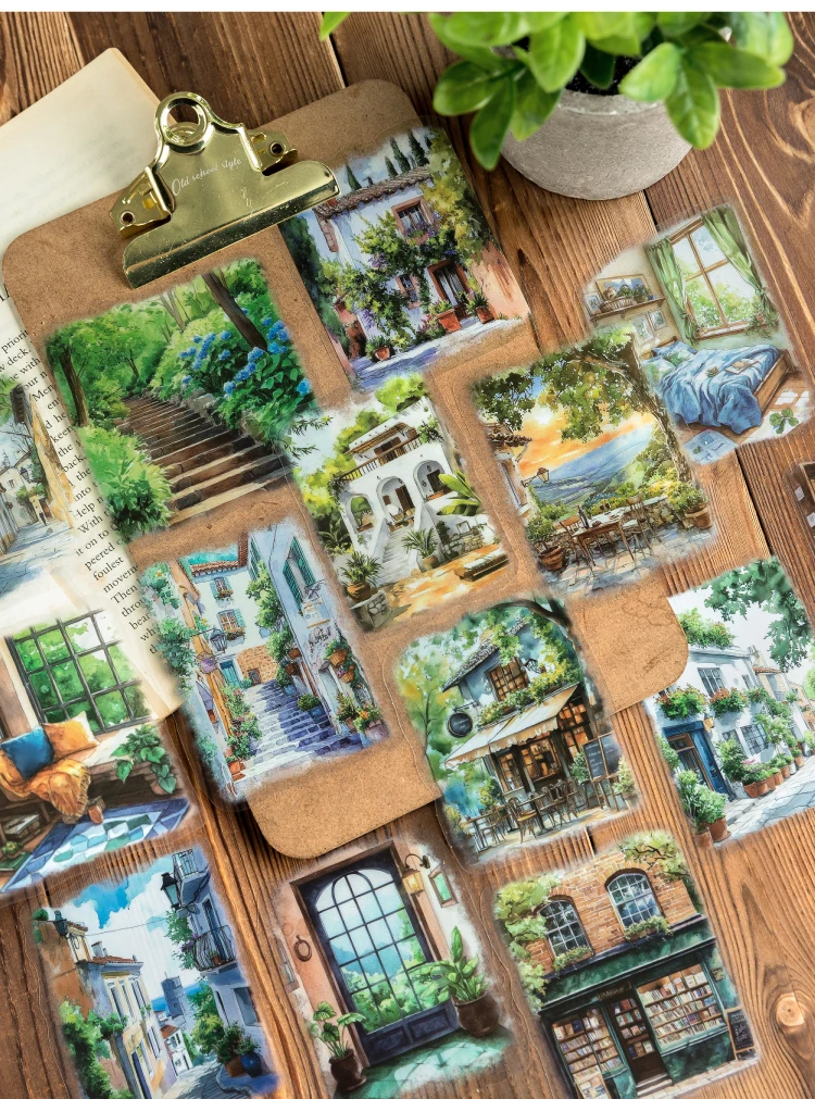 15pcs Large Size Non Repetitive Retro Street Landscape PET Stickers Creative Handbook Scrapbook DIY Material Stationery Stickers