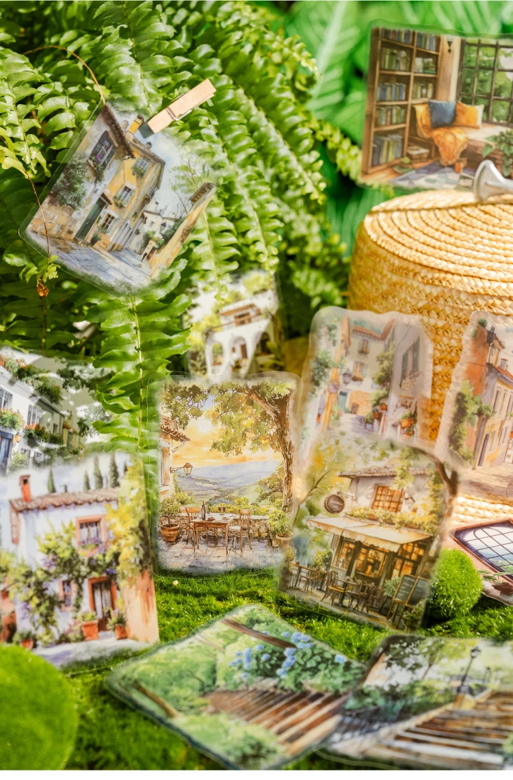 15pcs Large Size Non Repetitive Retro Street Landscape PET Stickers Creative Handbook Scrapbook DIY Material Stationery Stickers