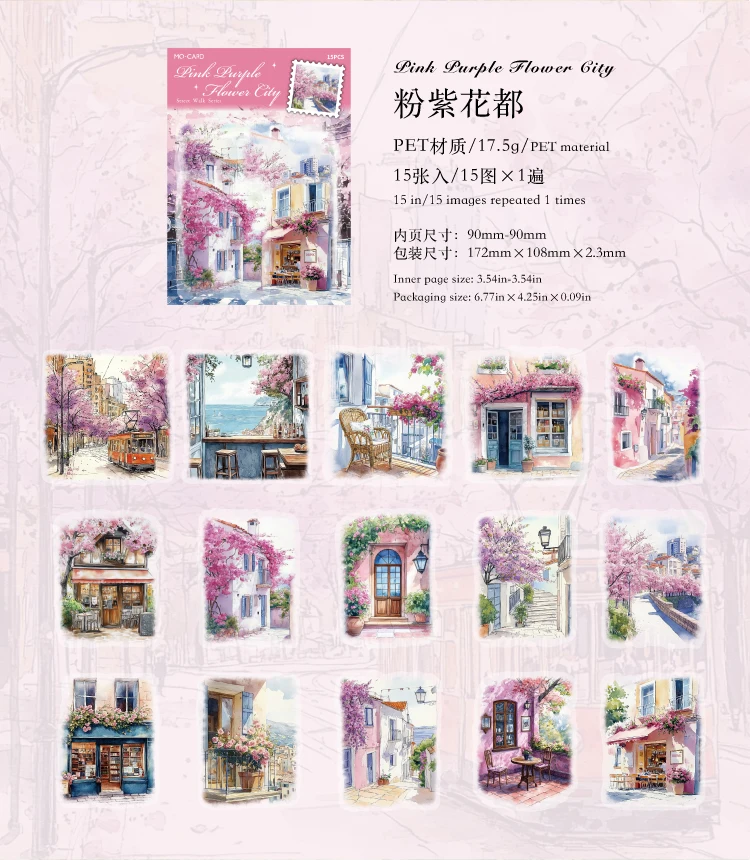 15pcs Large Size Non Repetitive Retro Street Landscape PET Stickers Creative Handbook Scrapbook DIY Material Stationery Stickers