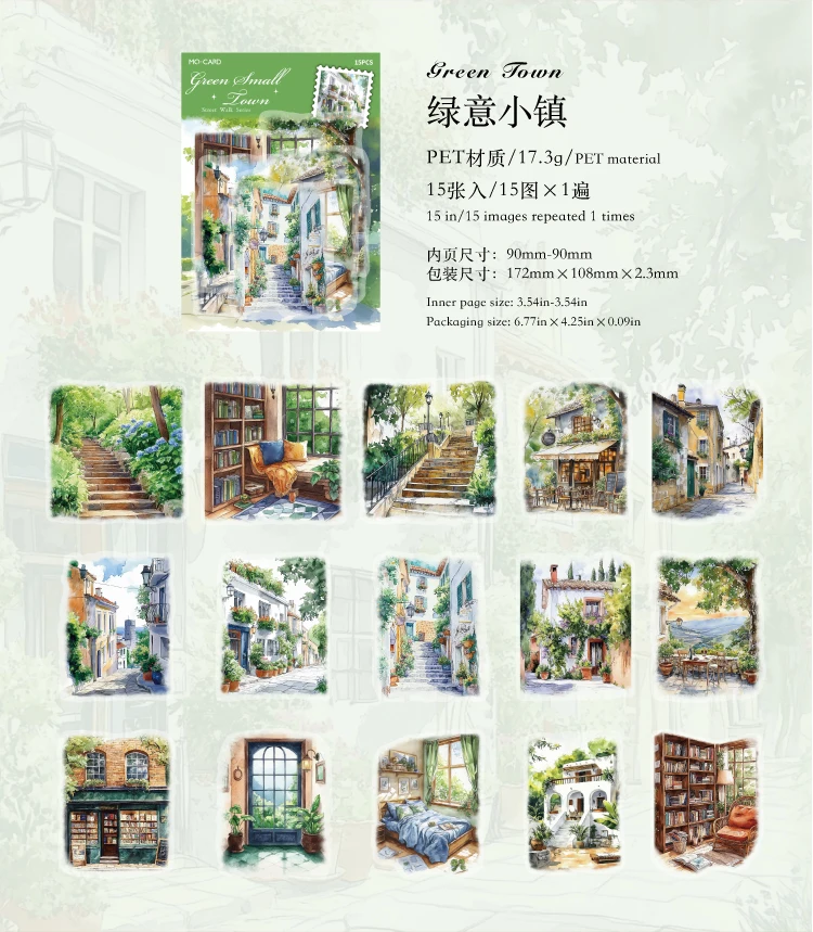 15pcs Large Size Non Repetitive Retro Street Landscape PET Stickers Creative Handbook Scrapbook DIY Material Stationery Stickers