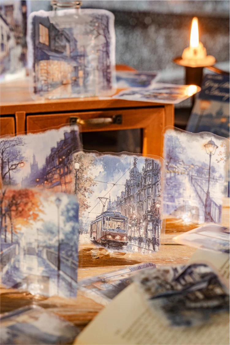15pcs Large Size Non Repetitive Retro Street Landscape PET Stickers Creative Handbook Scrapbook DIY Material Stationery Stickers