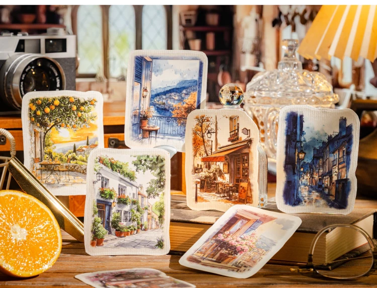 15pcs Large Size Non Repetitive Retro Street Landscape PET Stickers Creative Handbook Scrapbook DIY Material Stationery Stickers