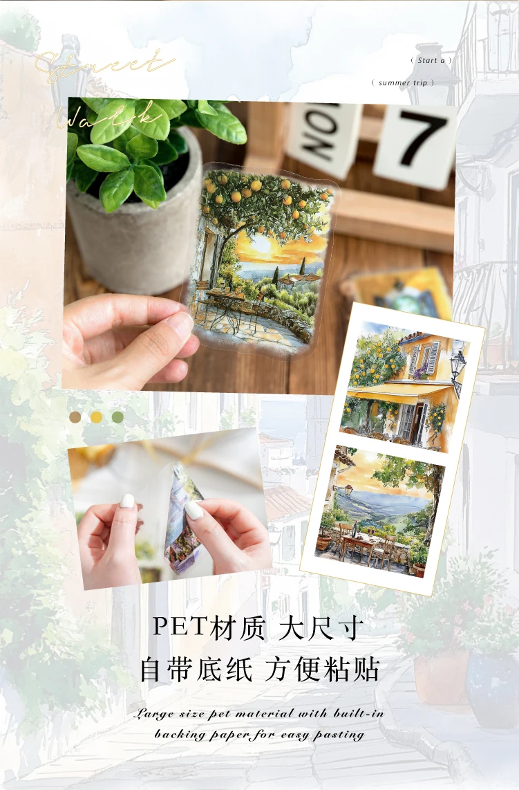 15pcs Large Size Non Repetitive Retro Street Landscape PET Stickers Creative Handbook Scrapbook DIY Material Stationery Stickers