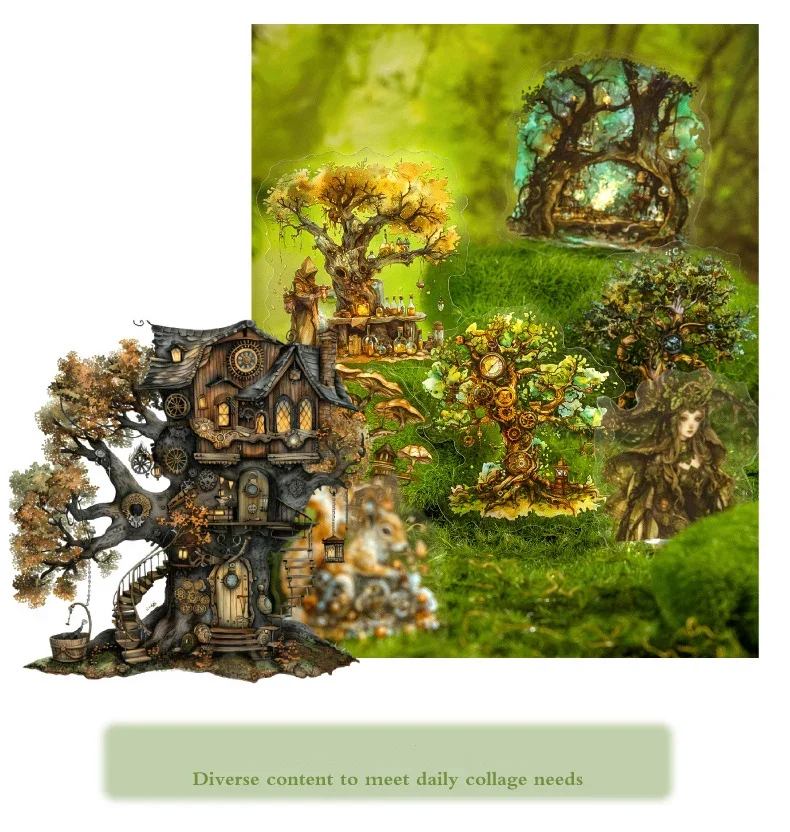 JIANWU Forest Fantasy Series Vintage Tree Flower Character Landscape Material Collage SPET Sticker Creative Journal tationery