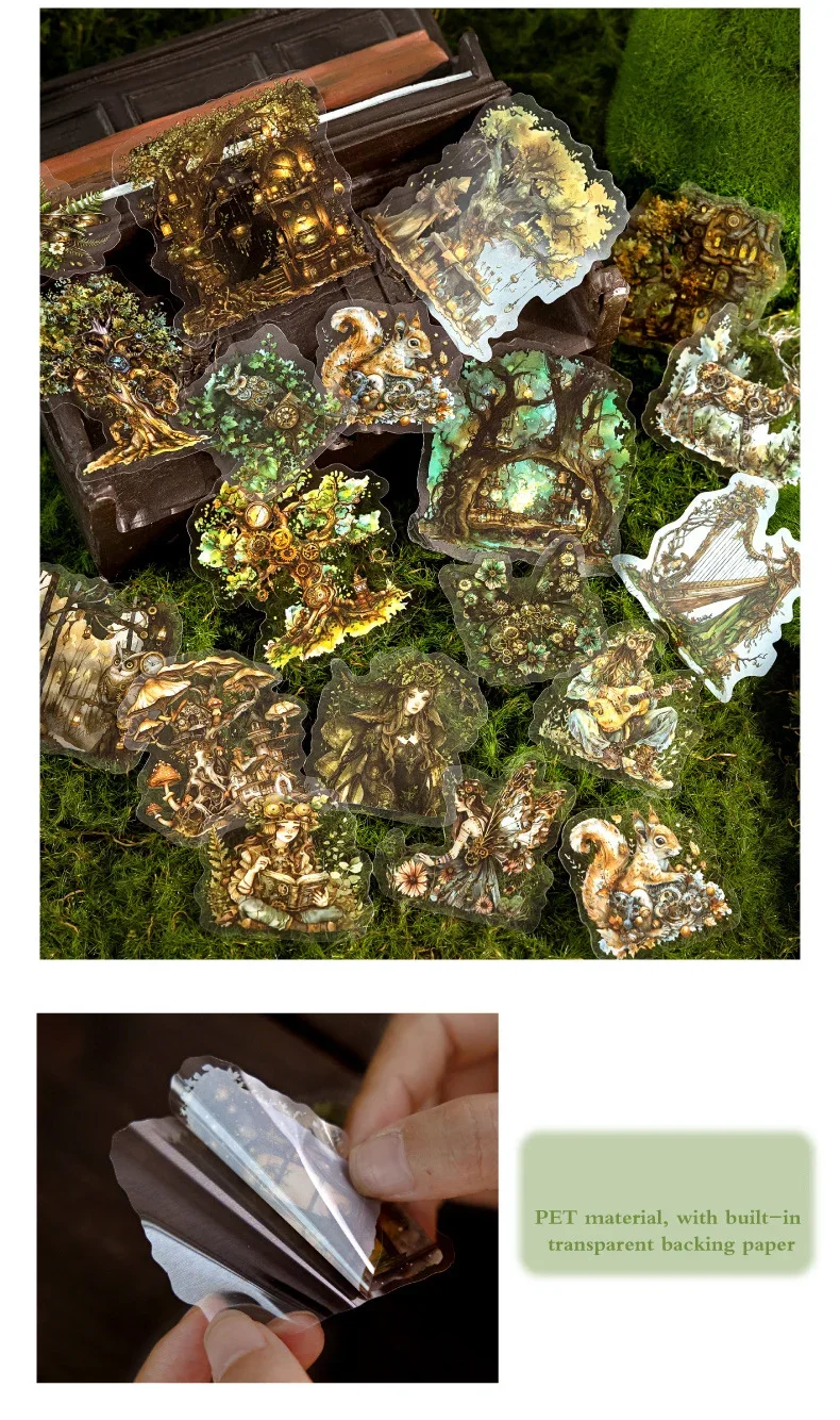 JIANWU Forest Fantasy Series Vintage Tree Flower Character Landscape Material Collage SPET Sticker Creative Journal tationery