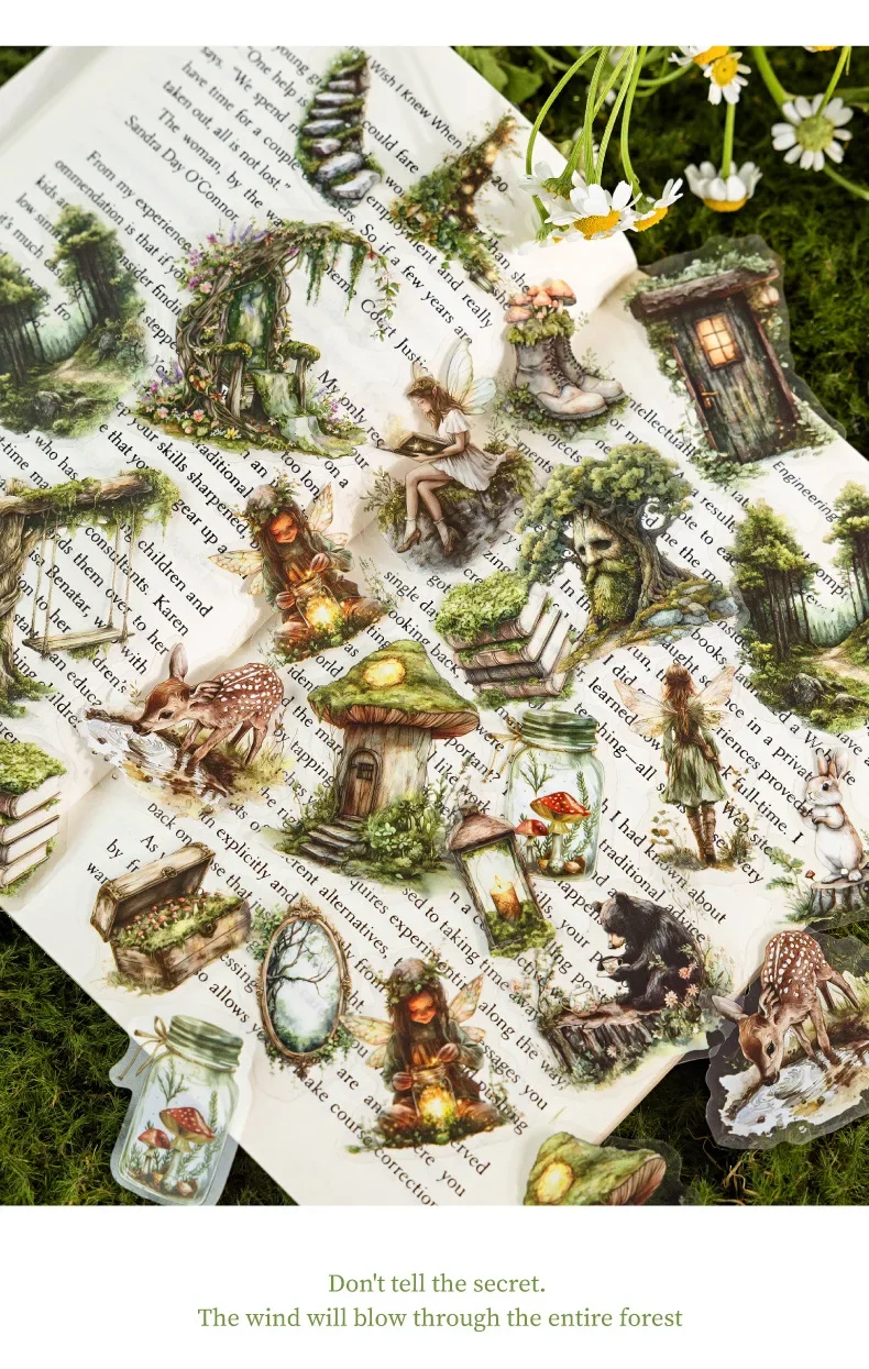 JIANWU Forest Fantasy Series Vintage Tree Flower Character Landscape Material Collage SPET Sticker Creative Journal tationery