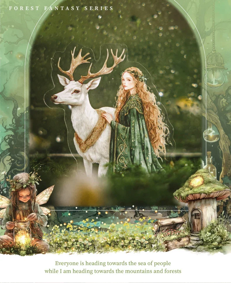 JIANWU Forest Fantasy Series Vintage Tree Flower Character Landscape Material Collage SPET Sticker Creative Journal tationery