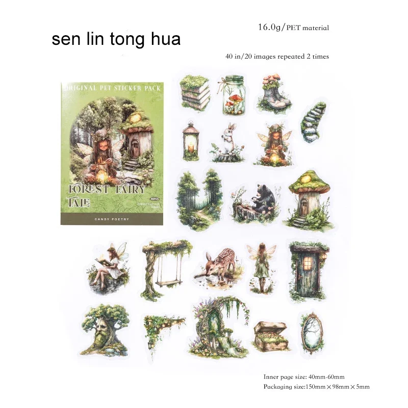 JIANWU Forest Fantasy Series Vintage Tree Flower Character Landscape Material Collage SPET Sticker Creative Journal tationery