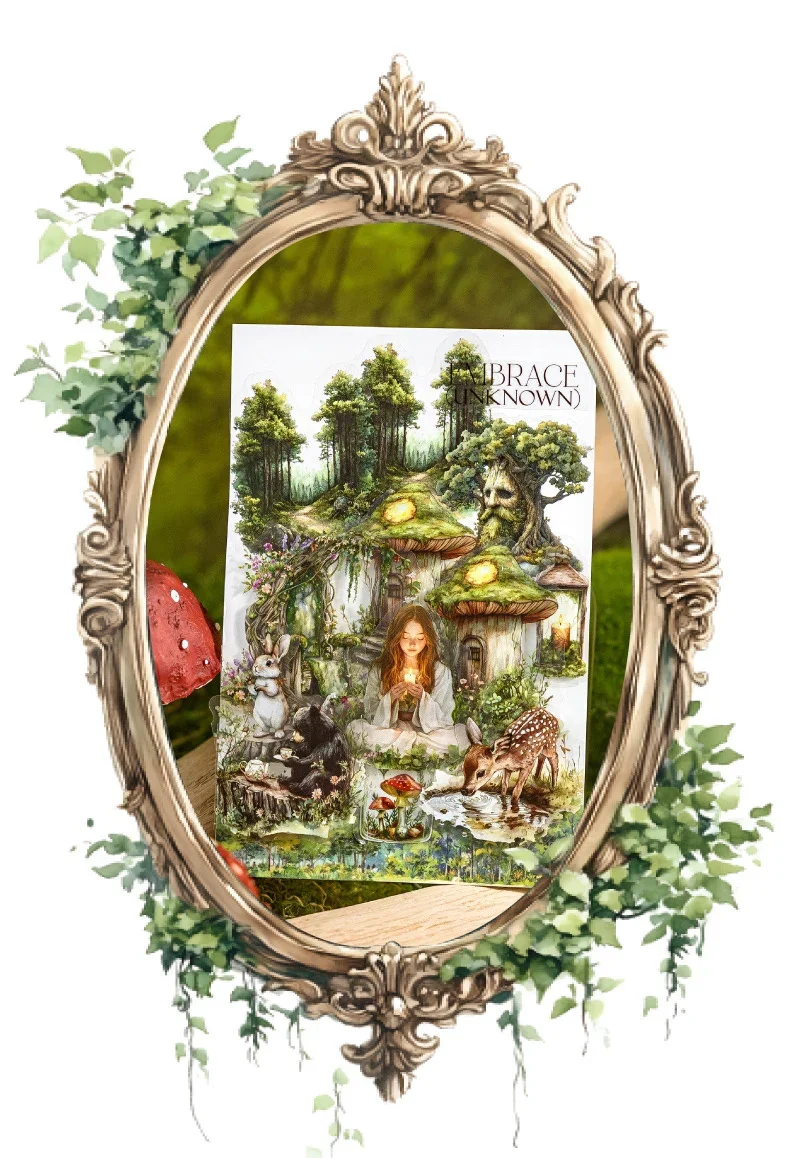 JIANWU Forest Fantasy Series Vintage Tree Flower Character Landscape Material Collage SPET Sticker Creative Journal tationery