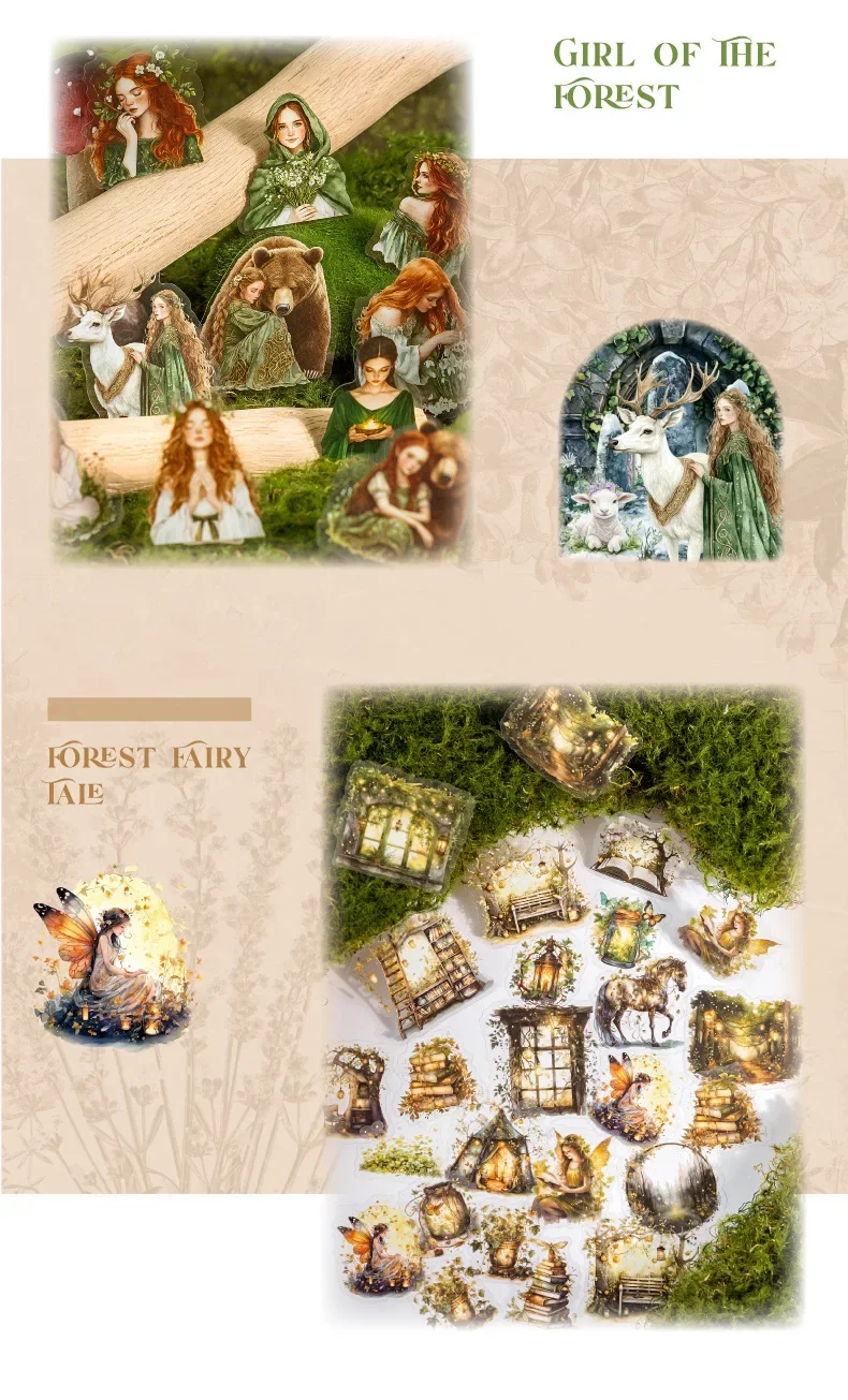 JIANWU Forest Fantasy Series Vintage Tree Flower Character Landscape Material Collage SPET Sticker Creative Journal tationery