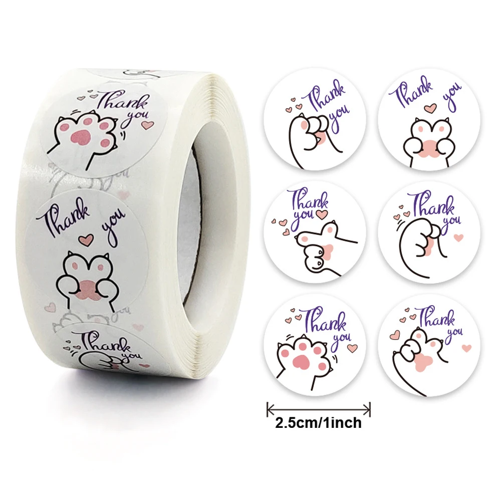 100-500 PCS 1 Inch Kawaii Cat Thank You Stickers for Small Business, Baking, Gifts, Envelopes,Kids Reward Sticker Stationery