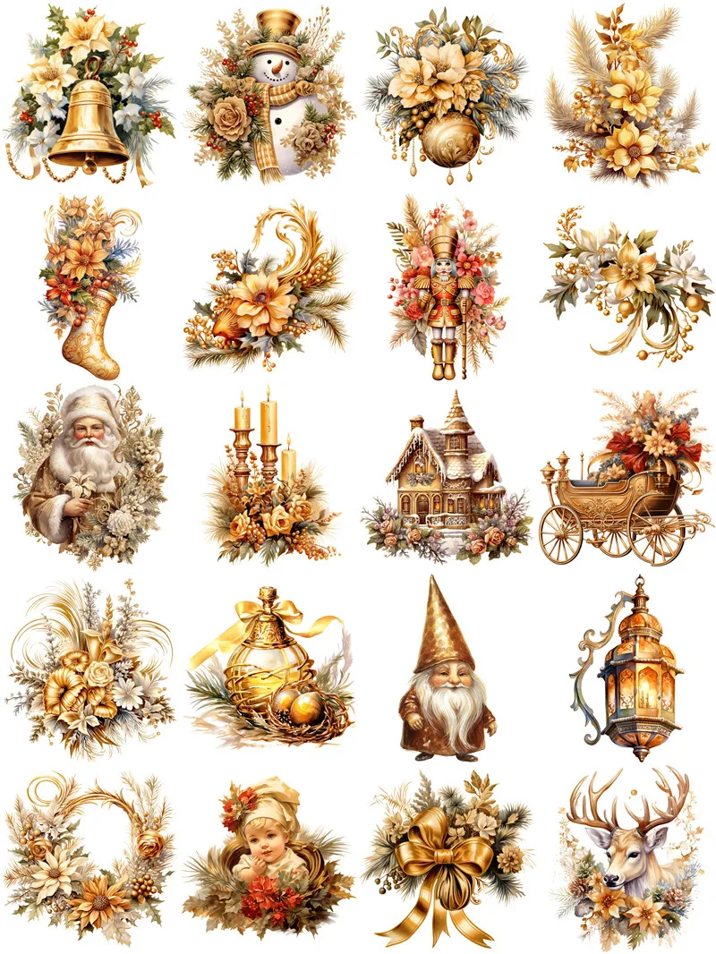 20Pcs/Pack Golden Christmas Sticker DIY Craft Scrapbooking Album Junk Journal Decorative Stickers